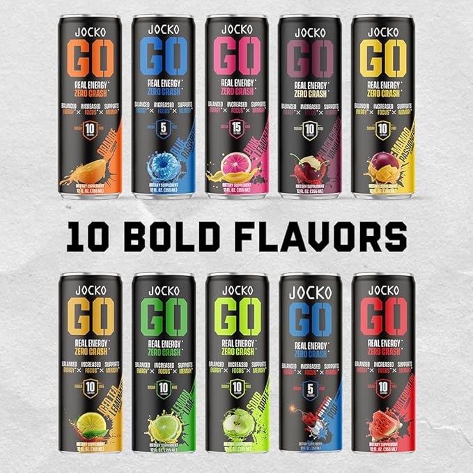 Jocko Fuel Blue Raspberry Energy Drink, 12 Pack, 0 Sugar, 95mg Caffeine, Supports Brain Health