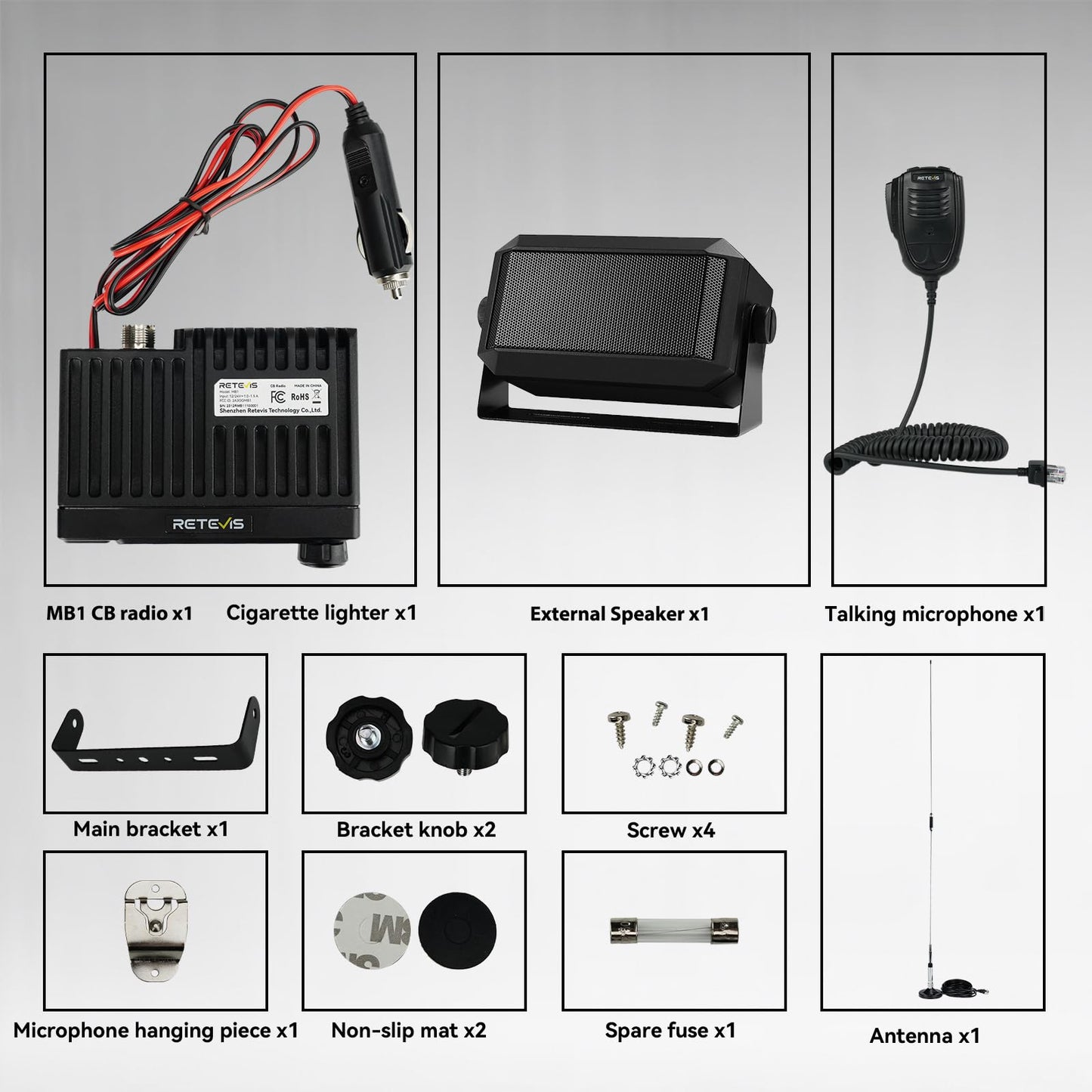 Retevis MB1 40 Channel CB Radio, Noise Cancellation Long Range Mobile Radio, with CB Antenna and Cigarette Lighter, Emergency Channel 9/19, 7-Color Screen, Auto-Scan, External Speaker Jack for Trucker