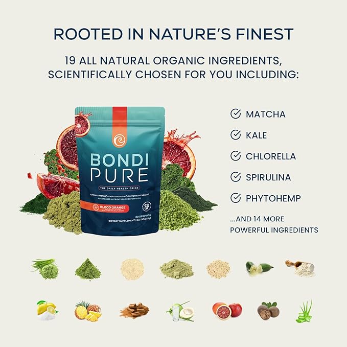 Bondi Pure - Daily Health & Detox Drink - Promote Gut Health & Energy Support During a Cleanse or Intermittent Fasting - Plant-Based Fibers, Alkalizing Super Greens - Blood Orange (30 Servings)