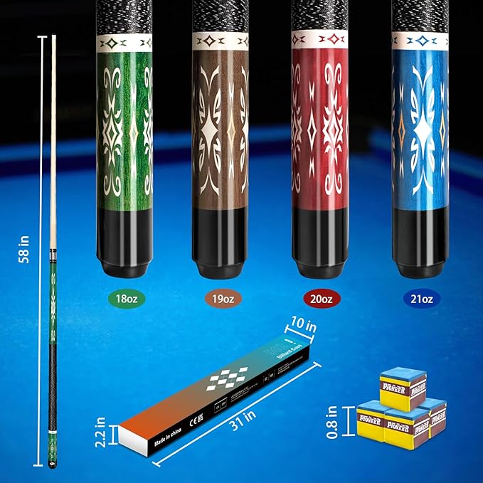 Pool Stick Set of 4, Pool Sticks for Adults, 58inch Billiard Cue Sticks with Maple Wood, Bar Billiard Cue Stick for Professional Billiard Players - 18oz, 19oz, 20oz, 21oz