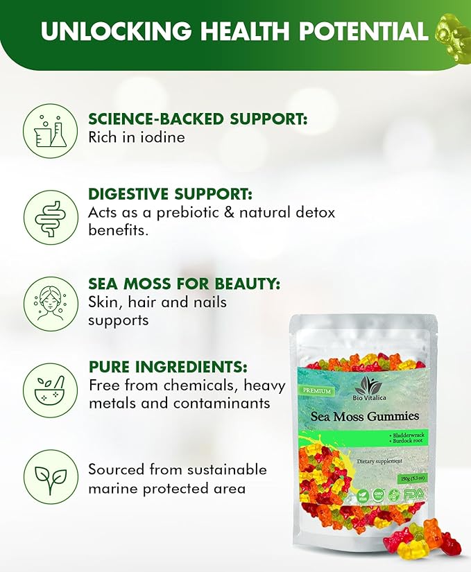 Sea Moss Gummies - Irish sea Moss raw Organic, Bladderwrack, Burdock Root. Contains Sea Moss Gel and Powder. Superfoods for Vegan, Keto and Dr Sebi Diet. Immune Boosting (1, Original)