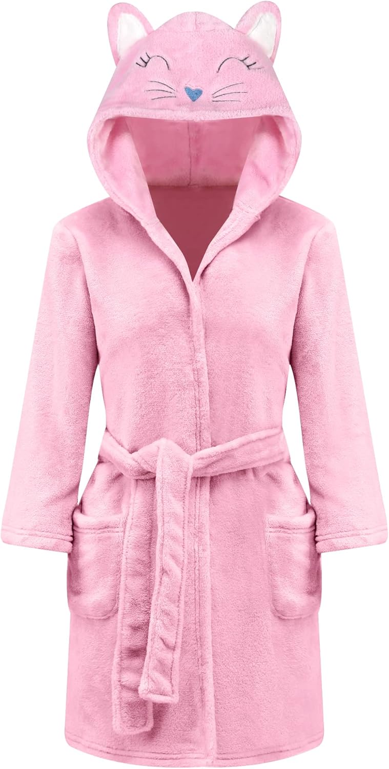 Girls Hooded Fleece Bathrobe - Soft Plush Warm Robe for Kids 3-14 Years