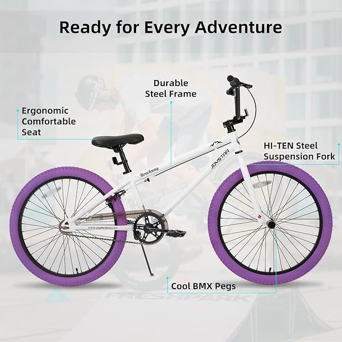 JOYSTAR Brockway Freestyle Kids BMX Bikes 20" 24" Kids Bicycles for 6-14 Years Old Boys Girls and Beginner-Level Riders 2 Pegs Multiple Colors