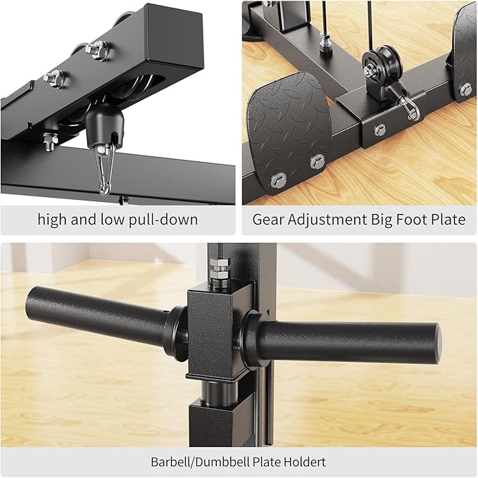 Power Cages Multi-Purpose Squat Rack with Cable Crossover System, Matching Weight Bench, Olympic Barbell Weight Set for Garage and Home Gyms