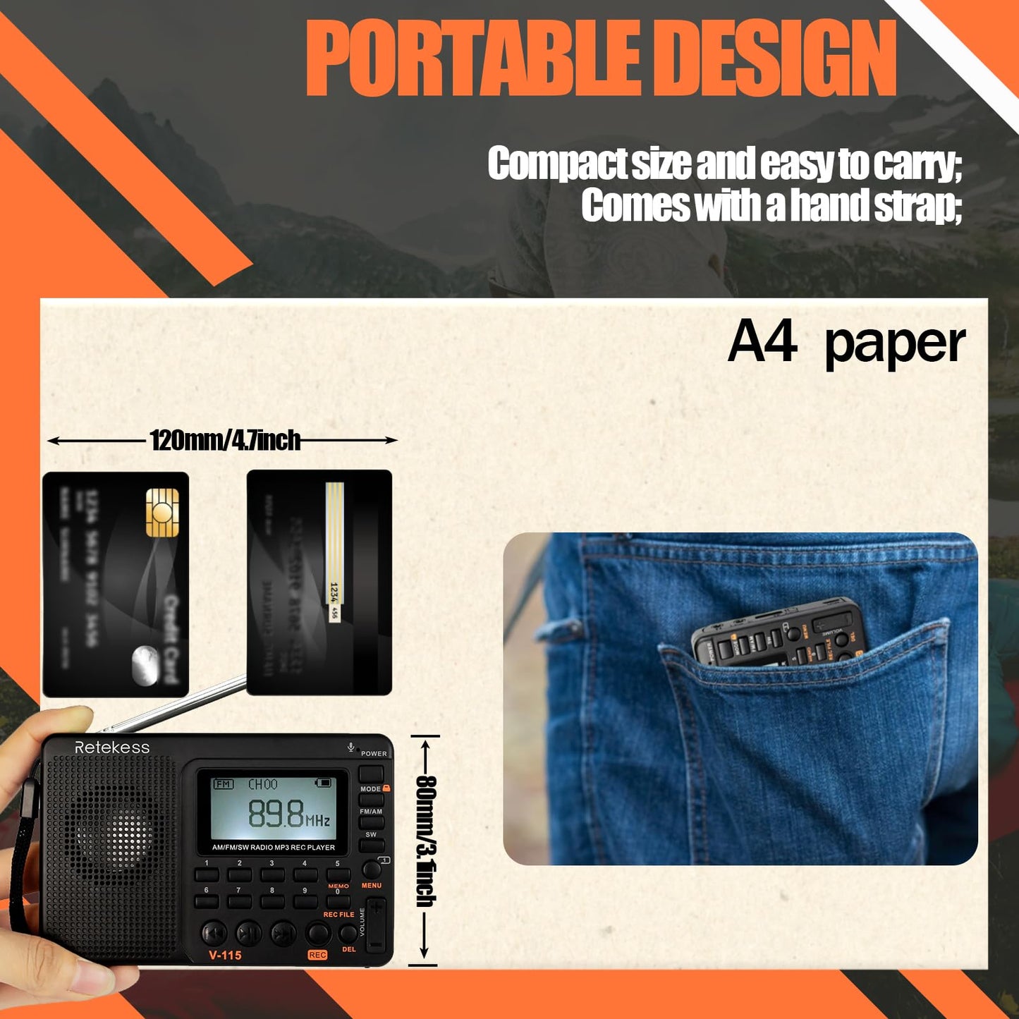 Retekess V115 Shortwave Radio, Digital Radio AM FM, Shortwave Receiver with 1000mAh Rechargeable Battery, Presets, TF/AUX Playback and Recording, Bass Speaker, for Camping