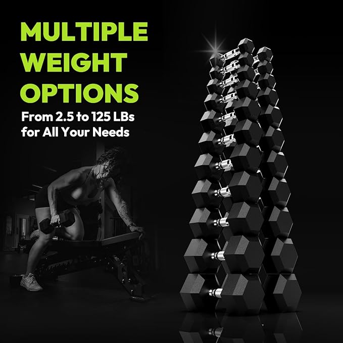 Hex Dumbbell 40-125 lb, Rubber Encased Exercise & Fitness Dumbbells, Hand Weight for Strength Training