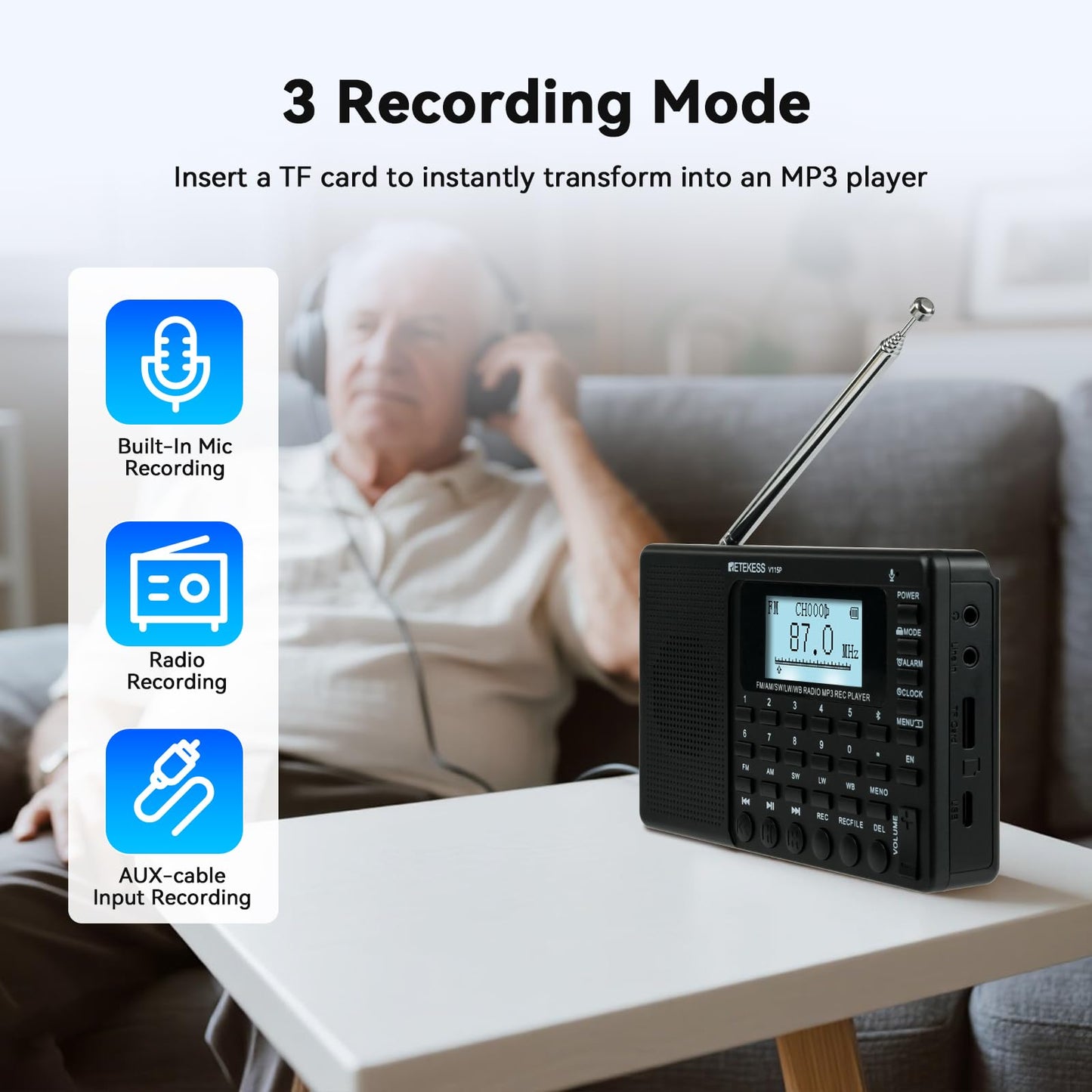 Retekess V115 Shortwave Radio, Digital Radio AM FM, Shortwave Receiver with 1000mAh Rechargeable Battery, Presets, TF/AUX Playback and Recording, Bass Speaker, for Camping