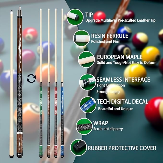 Pool Stick Set of 4, Pool Sticks for Adults, 58inch Billiard Cue Sticks with Maple Wood, Bar Billiard Cue Stick for Professional Billiard Players - 18oz, 19oz, 20oz, 21oz