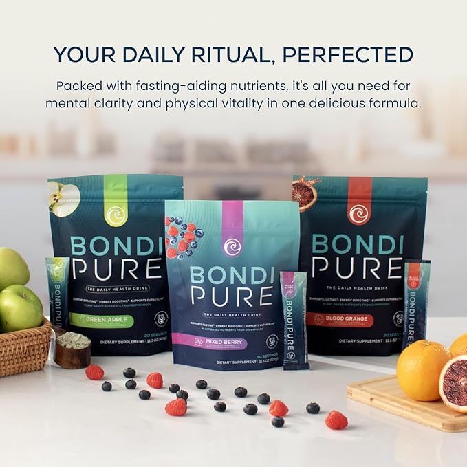 Bondi Pure - Daily Health & Detox Drink - Promote Gut Health & Energy Support During a Cleanse or Intermittent Fasting - Plant-Based Fibers, Alkalizing Super Greens - Blood Orange (30 Servings)