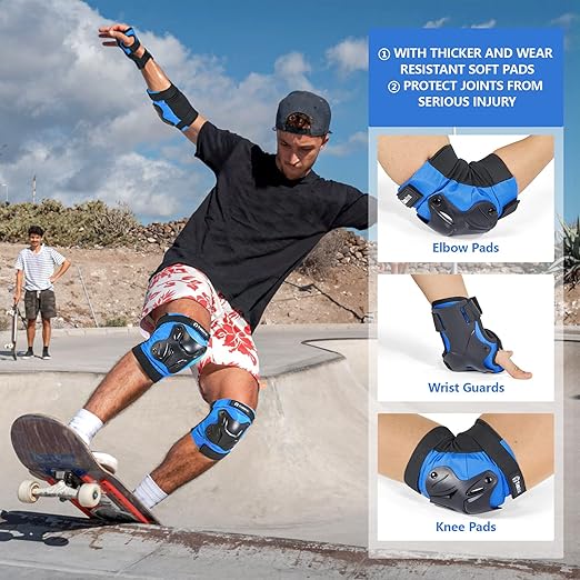 Skating Protective Gear Elbow and Knee Pads Adult, Knee Pads for Men Women Elbow Pads Wrist Guards for Roller Skating Cycling Skateboarding Blue