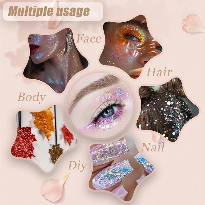 Face Body Glitter, Hair Glitter Sparkles Chunky Face Glitter Gel for Girls Makeup Singer Concerts Mermaid Festival Sequins, 10 Colors(White+Silver+Gold+Pink+Blue+Purple+Red+Light Blue+Green+Rose)