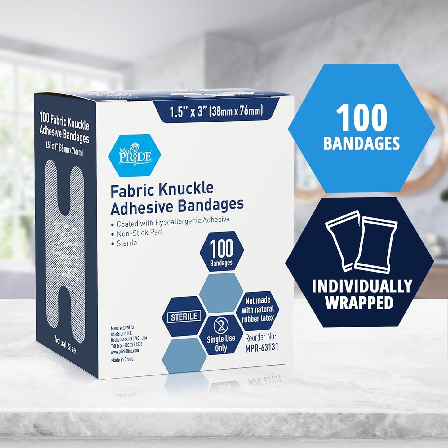 MedPride Sterile Fabric Knuckle Adhesive Bandage 1.5" x 3" - 100/Box, Case of 24 (2400 Count)