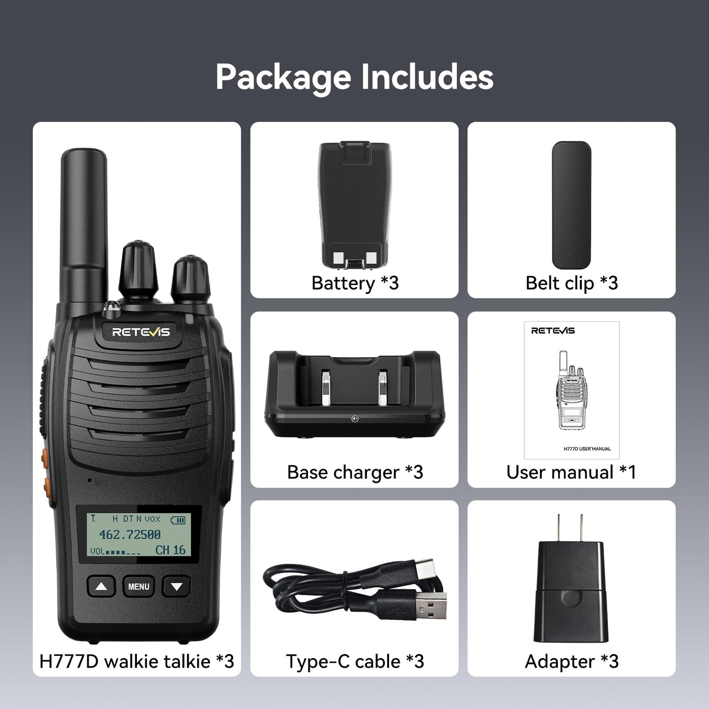 Retevis H-777 Walkie Talkies Rechargeable, 2 Way Radios Long Range, Portable FRS Two-Way Radios, Short Antenna, LED Flashlight, for Adults Family Outdoor (3 Pack)