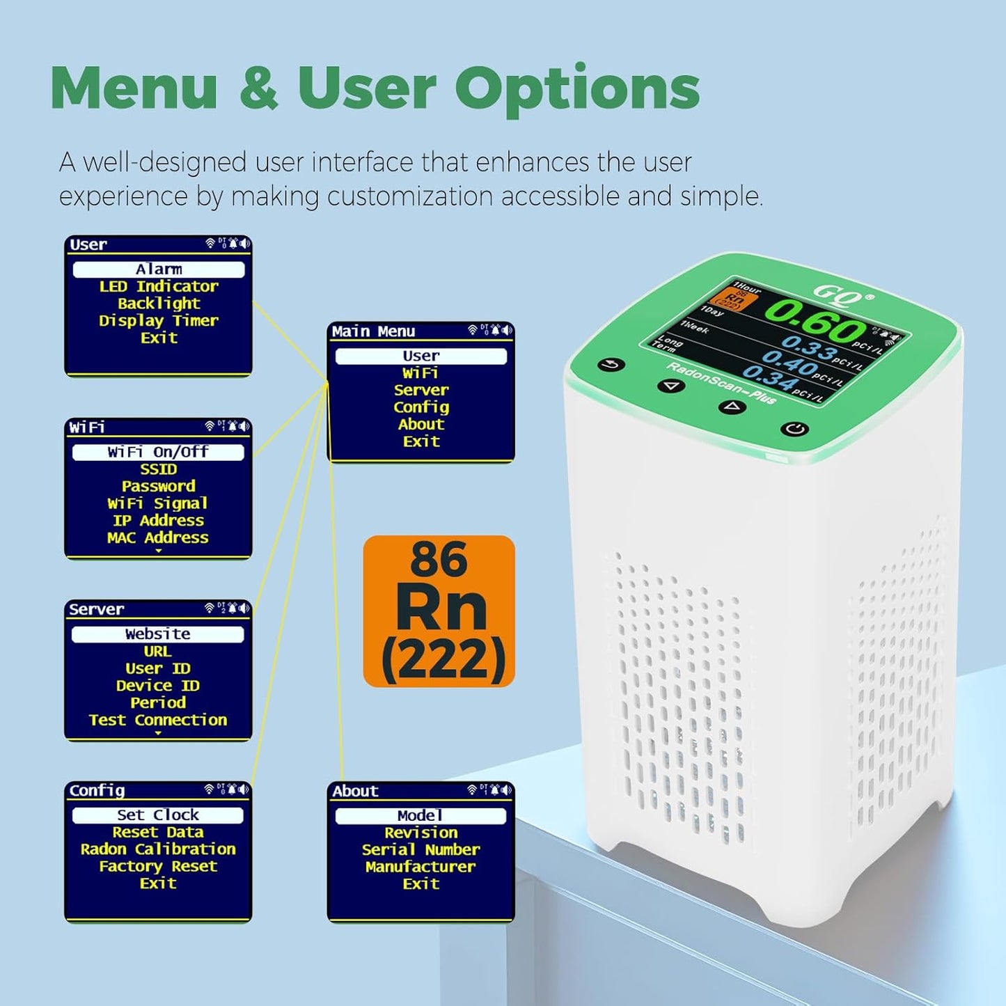 Remote Monitoring GQ RadonScan-Plus Radon Gas Digital Detector Worldwide Fast Accurate Detection Simple Big Display USA Product Real-time Data App Online Data Logging & Sharing