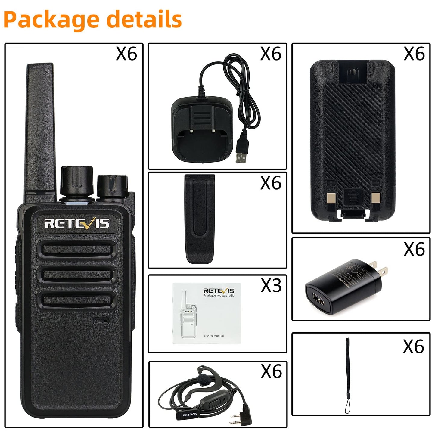 Retevis RT68 Walkie Talkies with Earpiece, Portable FRS Two-Way Radios Rechargeable, with 6 Way Multi Unit Charger, Hands Free, Long Range, Rugged 2 Way Radios 6 Pack for Adults School Church