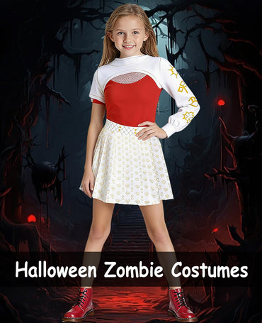 ACLGCSU Mädchen Zombie Cheerleader Kostüm 3-teilig Weißer Rock Größe 5-6 Jahre