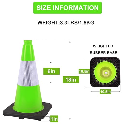 OrangeStar 6-Pack 18" Traffic Cones with Weighted Rubber Base, 6" Reflective Collar, Green Safety Cones for Parking Lot, Road Construction, Warehouse, Highway, Weatherproof PVC