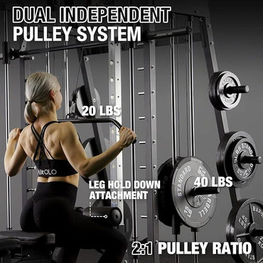 Mikolo Smith Machine, 2200lbs Squat Rack with LAT-Pull Down System & Cable Crossover Machine, Training Equipment with Leg Hold-Down Attachment