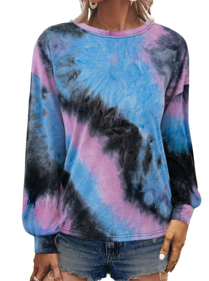 LilyCoco Long Sleeve Open Back Criss Cross Tie Dye Top Black Size L