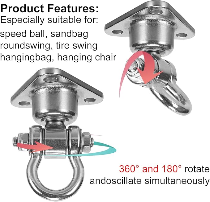 Silent Bearing Swivel Swing Hanger Stainless Steel Heavy Duty 180°+360° Swivel Swing Hook 1500 lb Capacity Playground Yoga Hammock Chair Rope sandbag Porch Swing Bag Sleeve