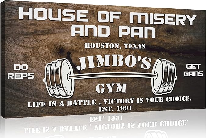 Tailored Canvases Personalized Gym Sign Wall Art Decor - Motivational Canvas for Home Gym, Workout Room, Garage, Fitness Center - Workout Inspirational Posters - House of Misery and Pain, Wooden 20x10in