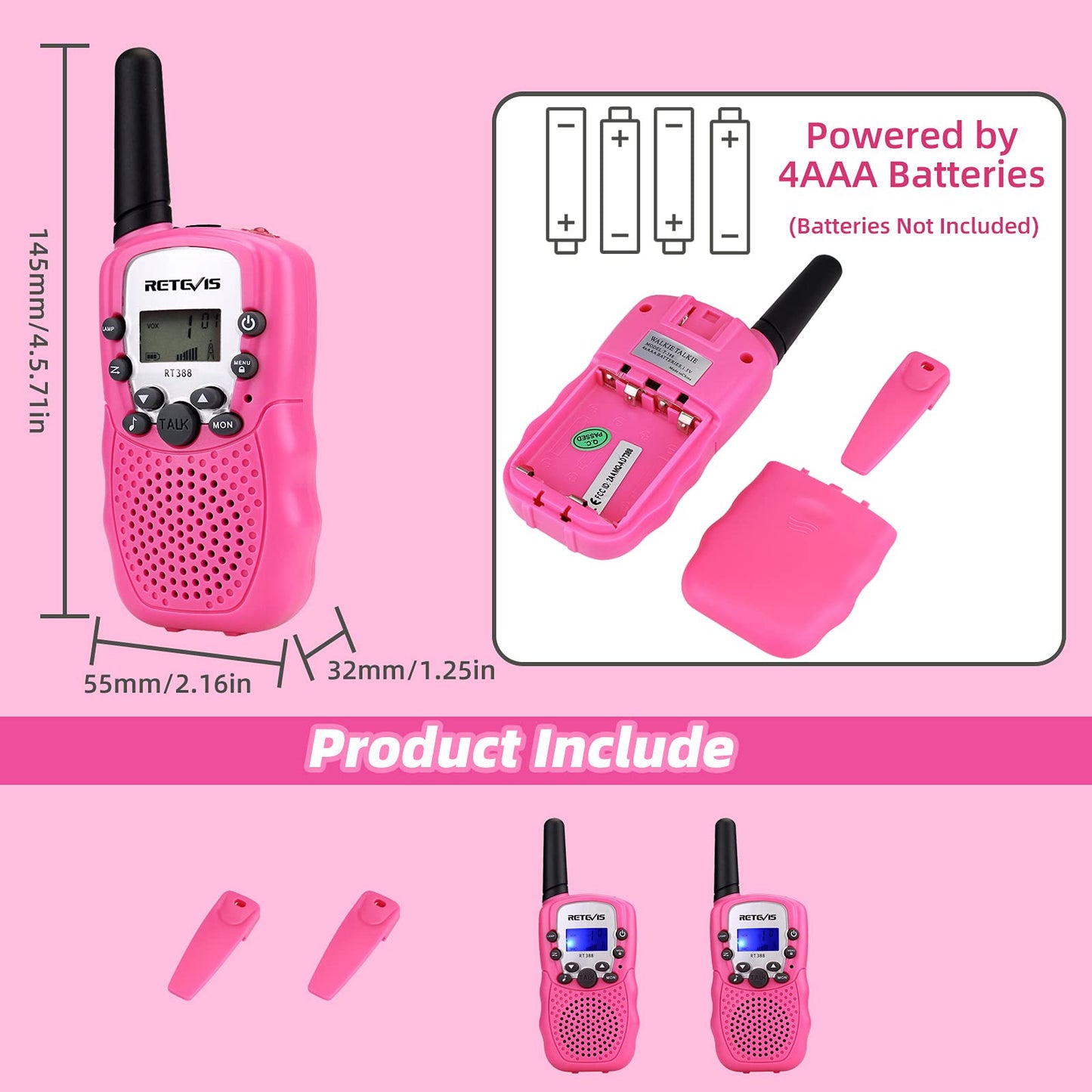 Retevis RT388 Walkie Talkies for Kids, Birthday Gifts for 6 7 8 9 10 11 12 Year Old Girls, 22 CH LCD Flashlight, Pink Walkie Talkies Christmas Gifts Toys for Girls(Pink, 2 Pack)