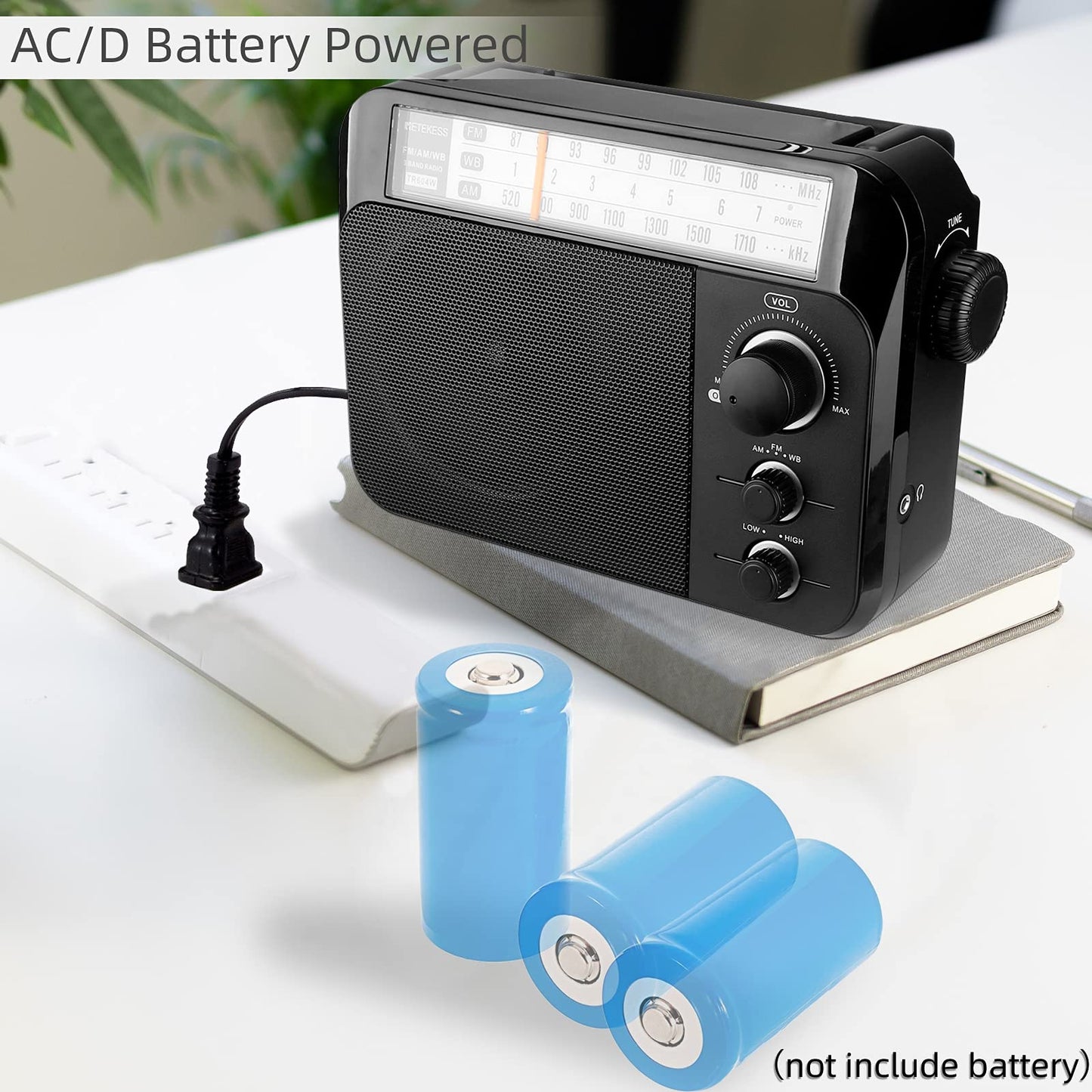 Retekess TR604 AM FM Radio,Portable Radio Plug in Wall,D Battery Operated,Large Dial,High/Low Tone Mode,Big Speaker,Earphone Jack,for Home,Picnic,Senior