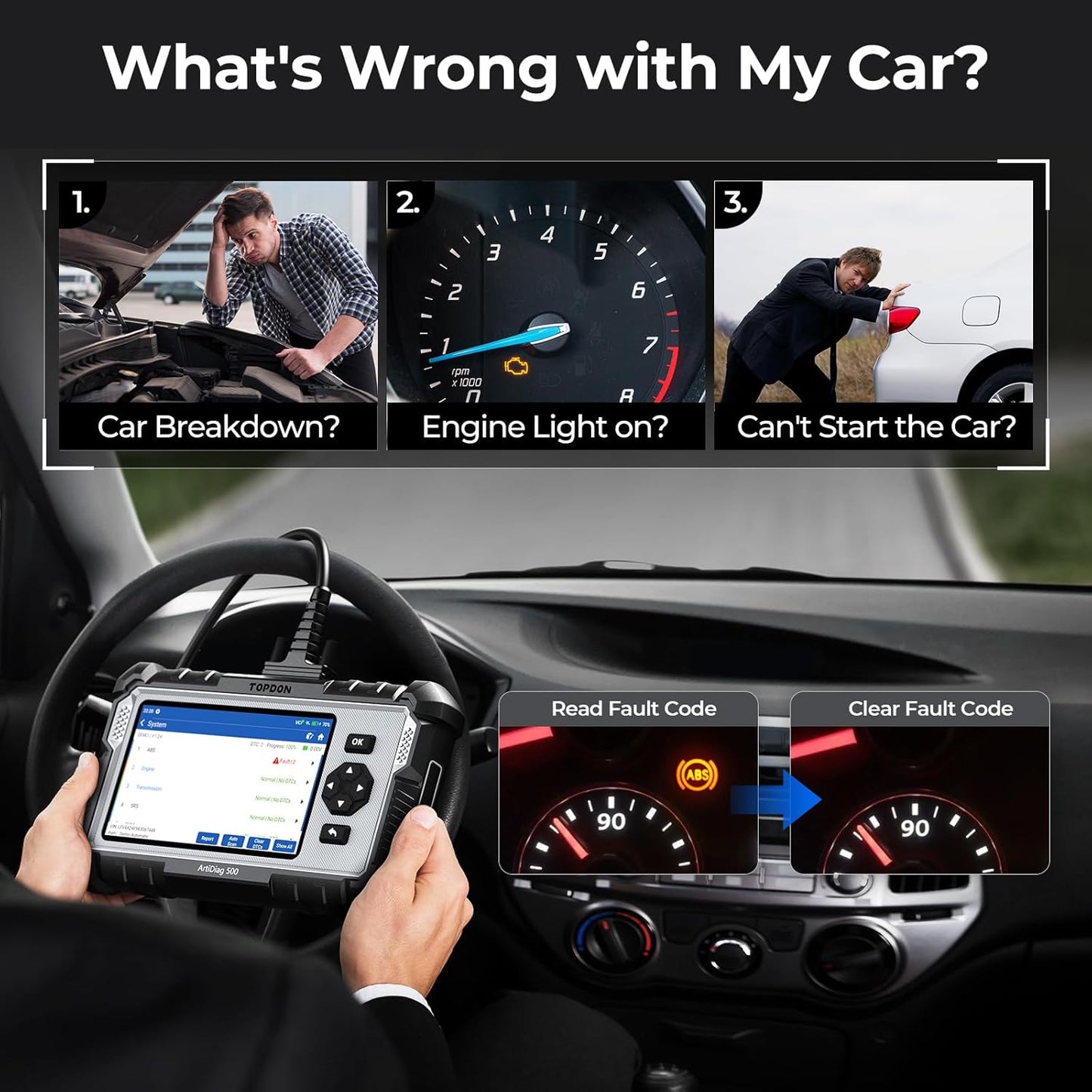 TOPDON AD500 OBDi TOPDON AD500 OBD2 Scanner Car Code Reader Scan Tool, Engine ABS SRS Transmission Diagnostics Tool, Oil/Throttle/SAS/TPMS/BMS/EPB Reset Car Scanner, Free Upgrade for DIY