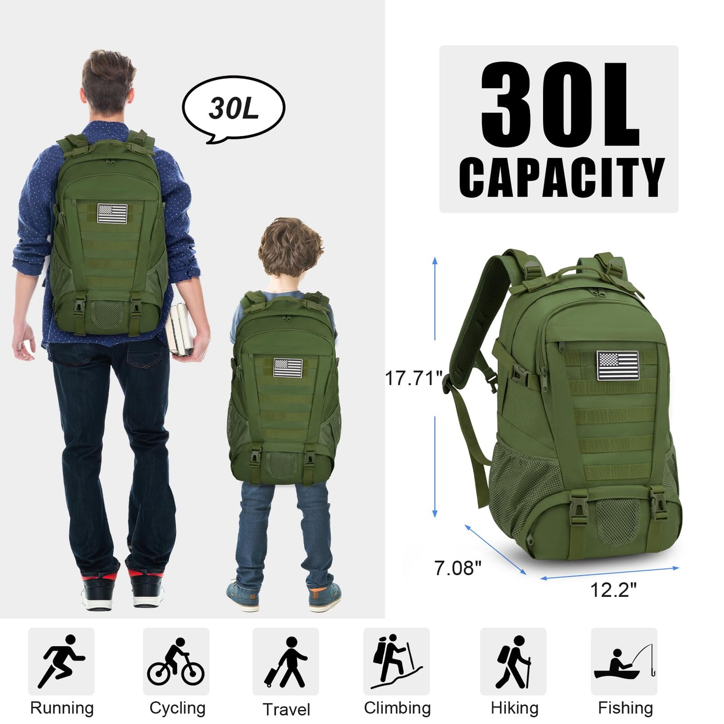 Jueachy Tactical Backpack for Men Hiking Day Pack Molle Military Rucksack Waterproof 30L EDC Bag with USA Flag Patch