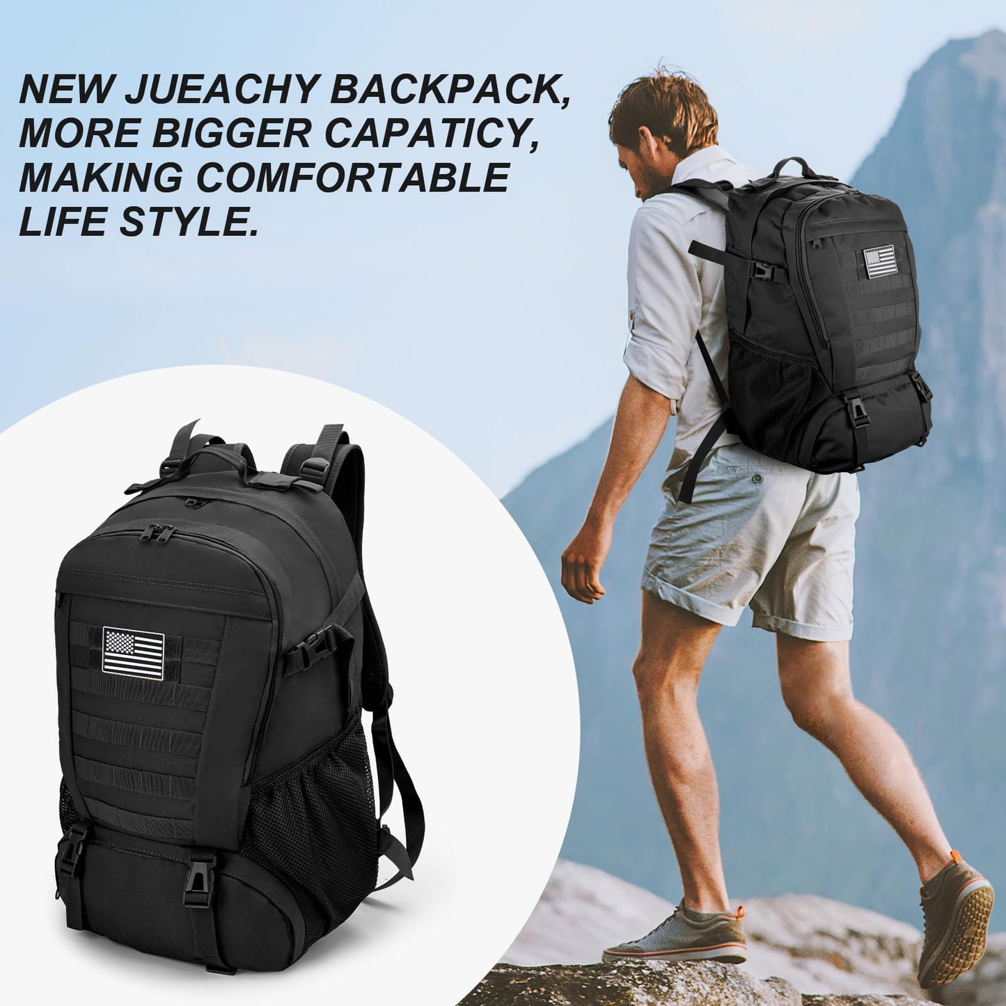 Jueachy Tactical Backpack for Men Hiking Day Pack Molle Military Rucksack Waterproof 30L EDC Bag with USA Flag Patch