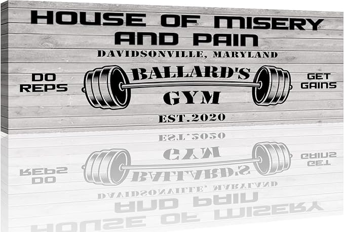 Tailored Canvases Personalized Gym Sign Wall Art Decor - Motivational Canvas for Home Gym, Workout Room, Garage, Fitness Center - Workout Inspirational Posters - House of Misery and Pain, White Wood 36x12in
