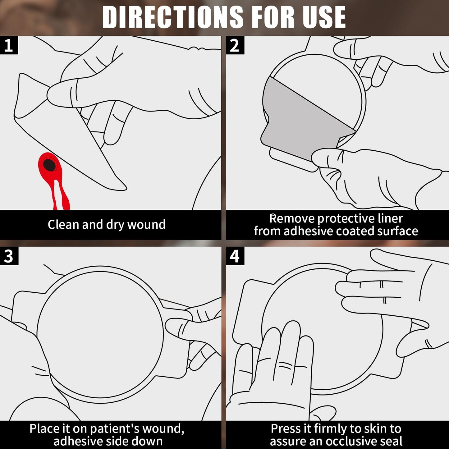 RHINO RESCUE Vented Chest Seal, 4 Vents, Sterile Emergency Trauma Dressing, Occlusive Adhesive Pad, IFAK Trauma Refill Medical First Aid Supplies for Wound Care, Gunshot Wound, Sucking Chest(2 Count)