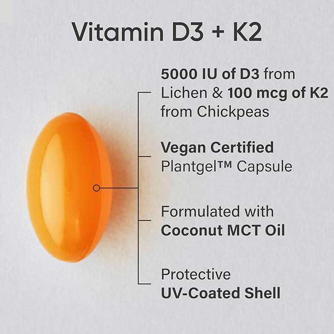Sports Research® Vitamin D3 + K2 w/ Coconut Oil - Vegan Vitamin D 5000iu & Mk7 Vitamin K 100mcg for Bone & Immune Support - Vegan Certified · Non-GMO · Soy Free - 60 Softgels