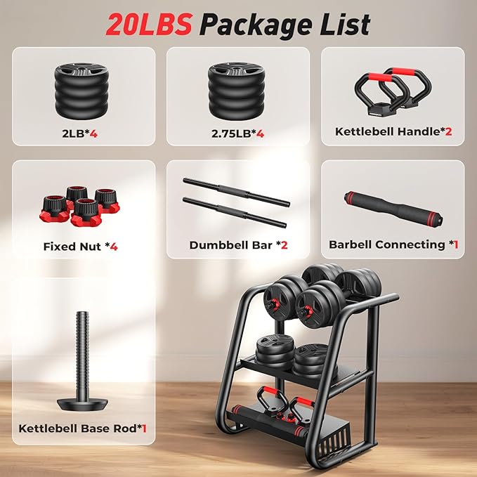 Adjustable dumbbell set,20/35/45/55/70/90lbs Free Weights set with upgraded nut, 4 in 1 Weight Set Used as Kettlebells, Barbell, Push up Stand, Fitness Exercise for Home Gym Suitable Men/Women