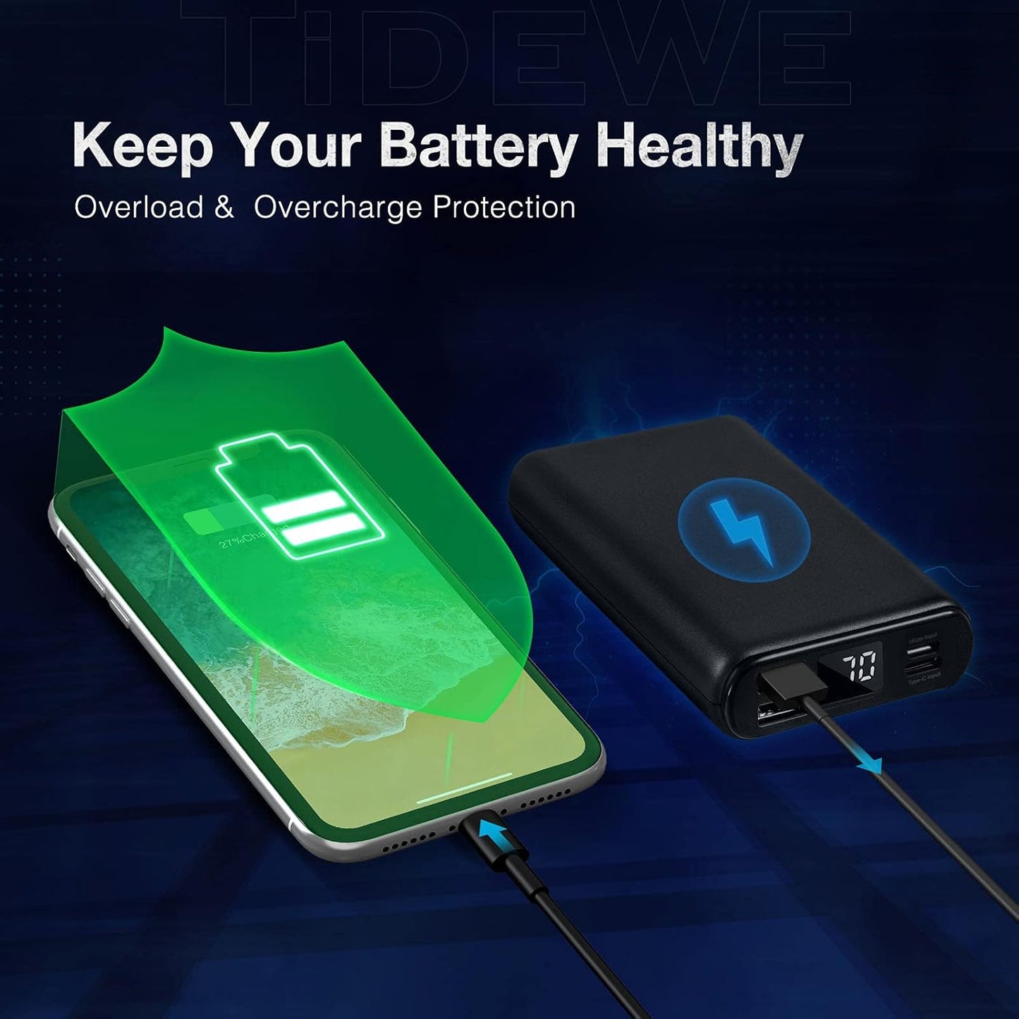 TIDEWE Power Bank, Rechargeable Battery Pack Suitable for Heated Clothes, USB-C 10000mAh Portable Charger with Dual Output Port for iPhone, Samsung Galaxy, and More（Include Power Bank & USB-C Only）