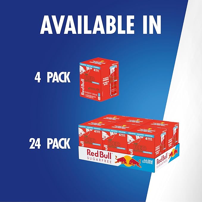 Red Bull Red Edition Sugar Free Energy Drink, Watermelon, with 80mg Caffeine plus Taurine & B Vitamins, 8.4 Fl Oz, 6 Packs of 4 Cans (Pack of 24)