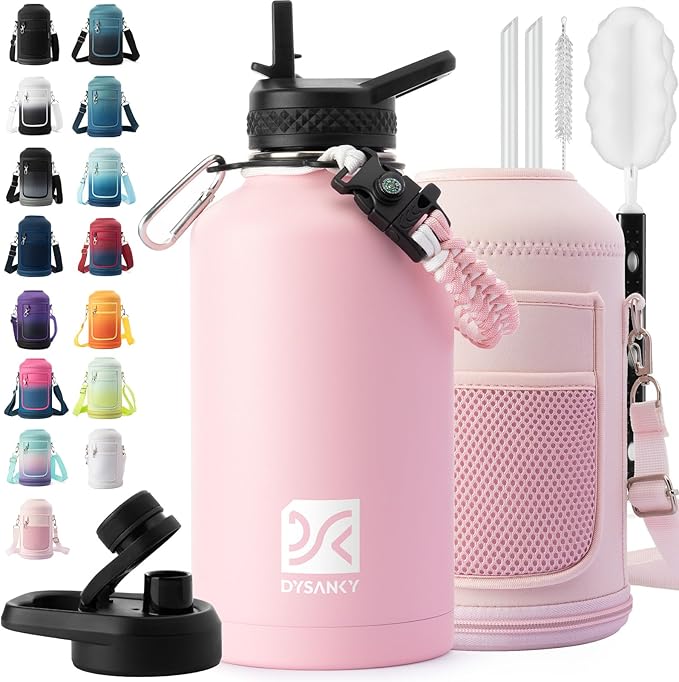 Insulated Water Bottle | Thickened Stainless Steel Vacuum Metal | Portable Sports Half Gallon Large Water Jug for Gym and Hiking with Straw, Carrier Bag, Handle Strap | BPA-Free 64 oz