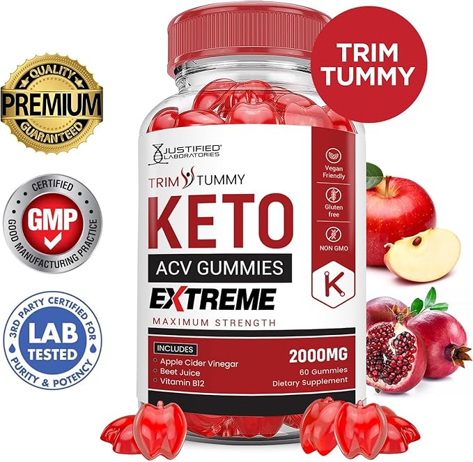 Justified Laboratories Trim Tummy Keto ACV Gummies Extreme 2000MG Trim Tummy Keto Gummies Apple Cider Vinegar Formulated with Pomegranate Beet Juice Powder B12 Vegan Non GMO 60 Gummys