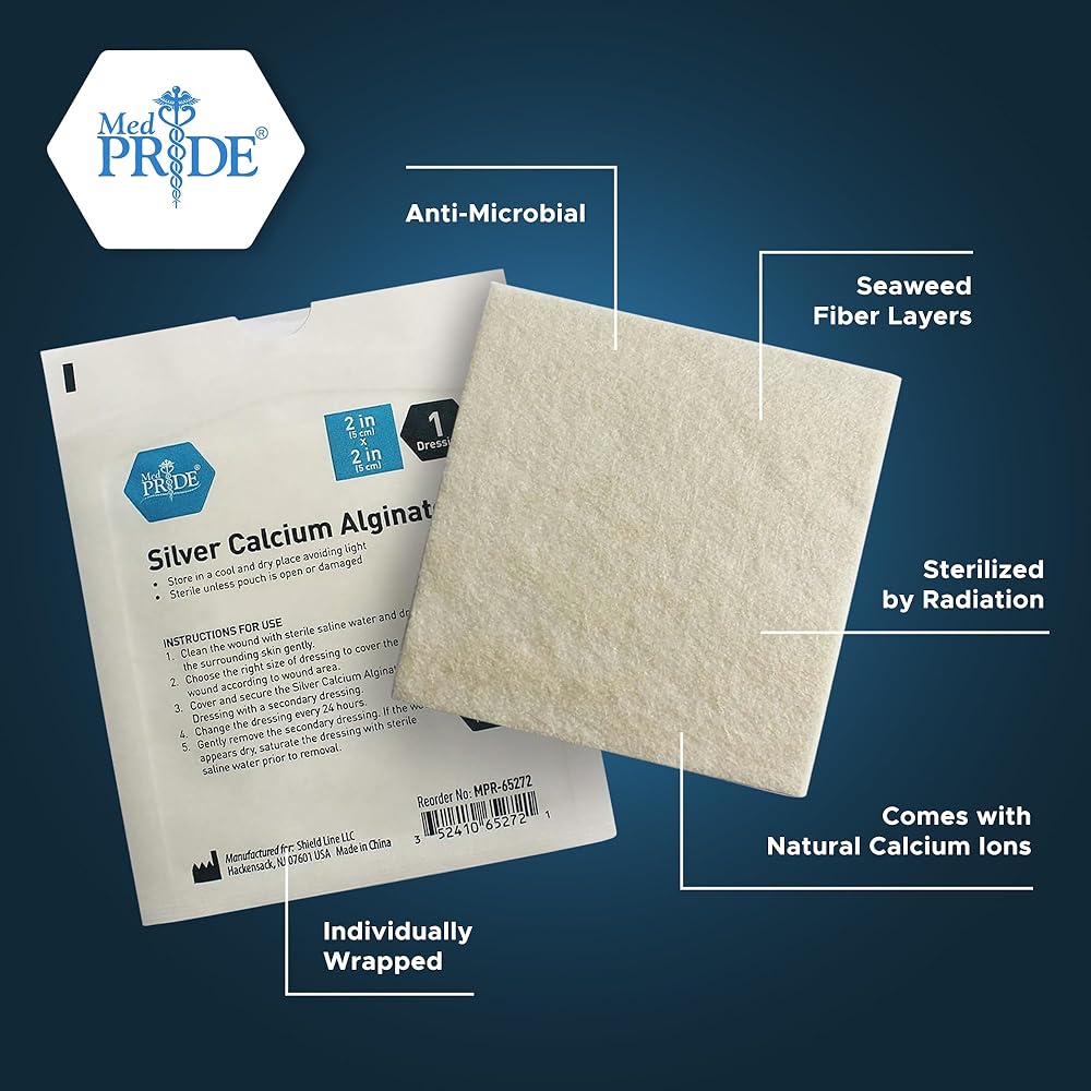 MedPride Silver Calcium Alginate Dressing, 4"x8" - 5/Box, Case of 10 (50 Count)