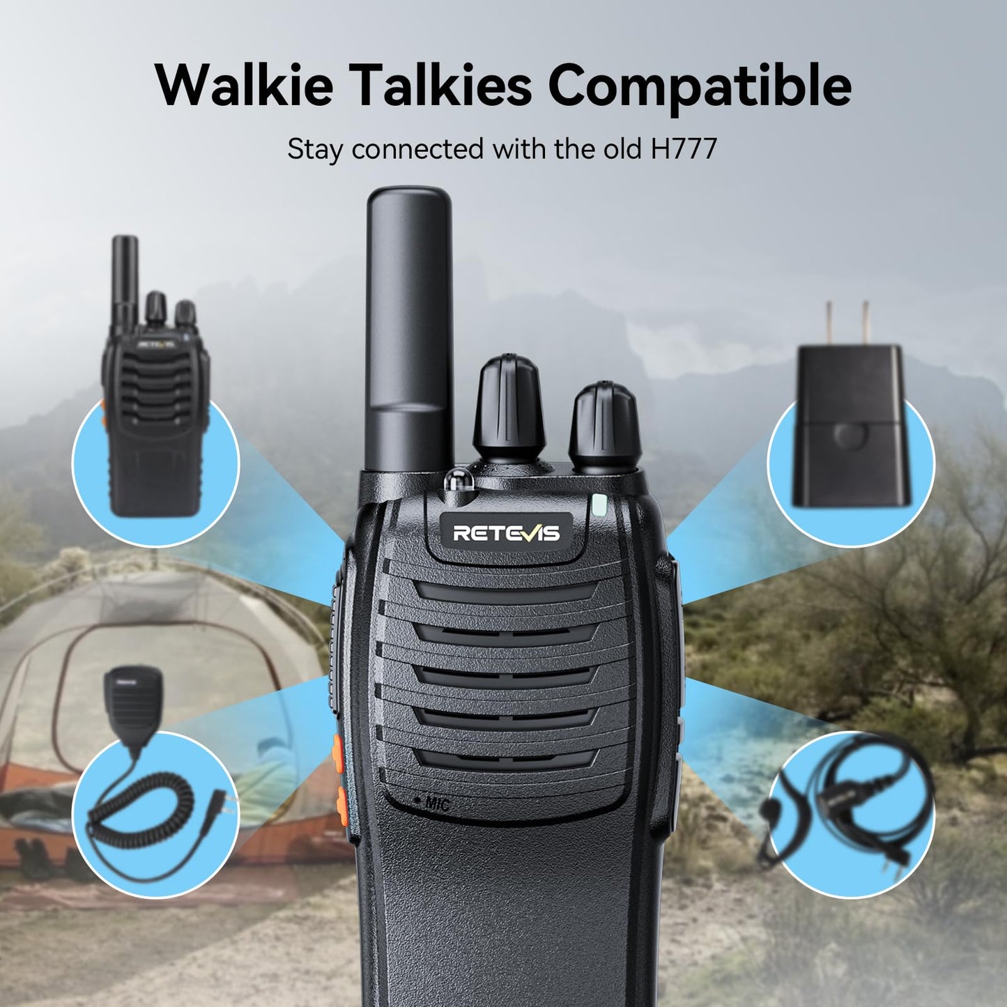 Retevis H-777 Walkie Talkies Rechargeable, 2 Way Radios Long Range, Portable FRS Two-Way Radios, Short Antenna, LED Flashlight, for Adults Family Outdoor (3 Pack)
