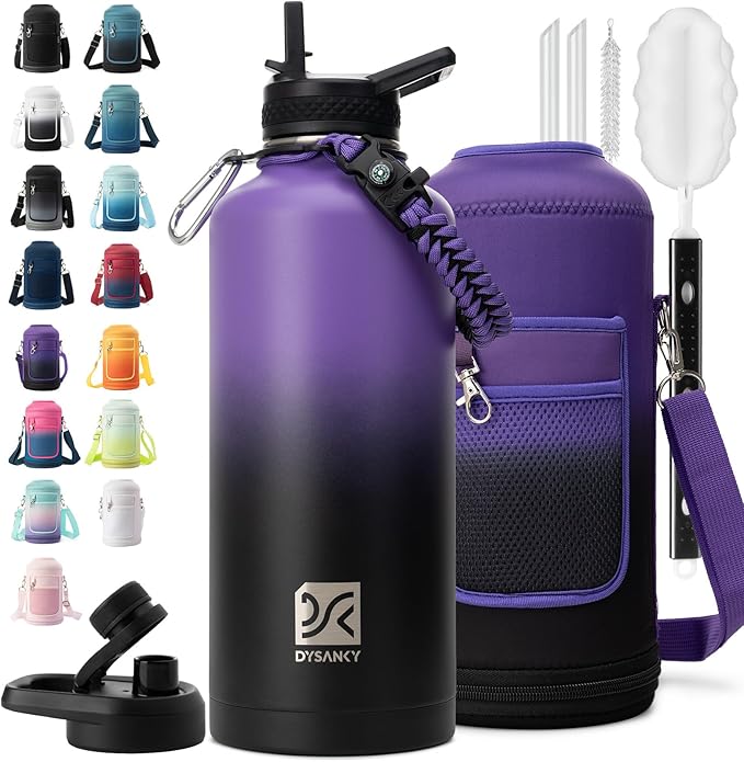 Insulated Water Bottle | Thickened Stainless Steel for Gym and Hiking with Straw, Carrier Bag, Handle Strap | BPA-Free 87 oz