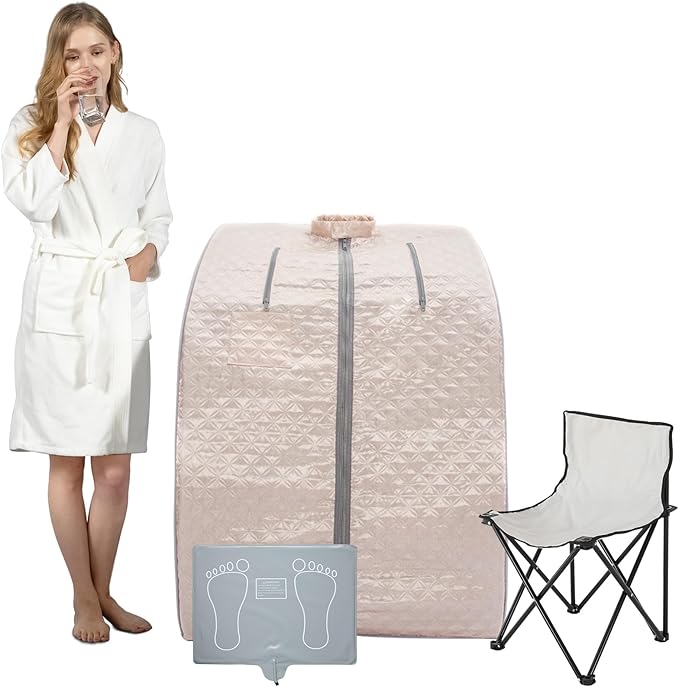 Smartmak Far Infrared Sauna, Full Body One Person Portable SPA Set with Time & Tempreture Remote Control, Heating Foot Pad and Foldable Reinforced Chair (L 27.6’’ x W 31.5’’ x H 37.8’’)- Pearl Pink