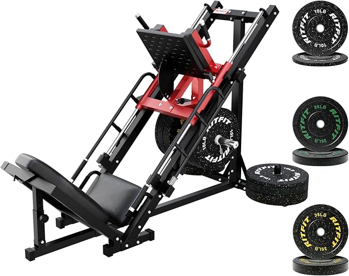 RitFit Adjustable Leg Press and Hack Squat Machine with Weight Plate Set, Professional Home Gym Equipment with Linear Bearings, Specialized for Complete Lower Body Workouts and Weight Storage Posts
