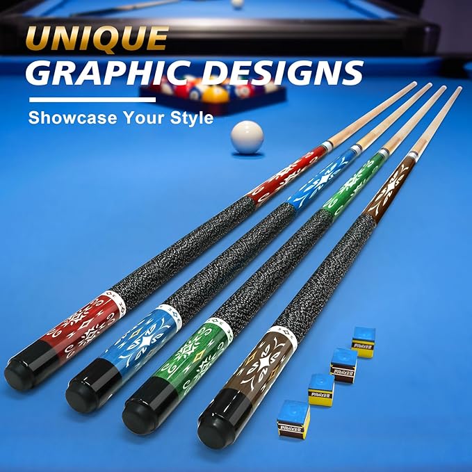 Pool Stick Set of 4, Pool Sticks for Adults, 58inch Billiard Cue Sticks with Maple Wood, Bar Billiard Cue Stick for Professional Billiard Players - 18oz, 19oz, 20oz, 21oz
