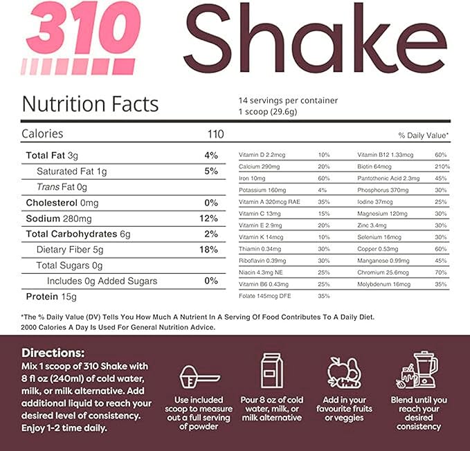 310 Nutrition All-In-One Meal Replacement Shake Powder - Plant-Based Protein Smoothie Blend w/High Fiber, Probiotics & Adaptogens - Low Carb, Vegan, Keto & Paleo Friendly - Strawberry - 14 Srv