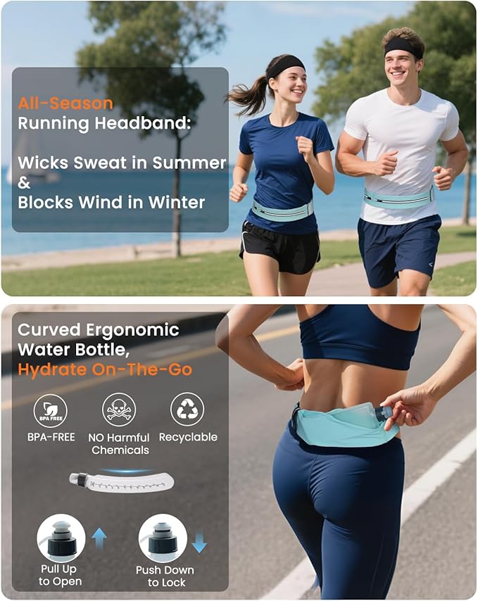 Running Belt for Women and Men, Adjustable Fanny Packs No Bounce Phone Holder for Running with Water Bottle & Headband, Waterproof Reflective Waist Packs for Runner Fits All Phones (M-Blue)