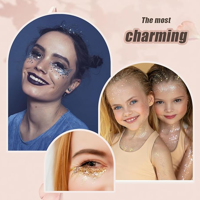 Face Body Glitter, Hair Glitter Sparkles Chunky Face Glitter Gel for Girls Makeup Singer Concerts Mermaid Festival Sequins Face Paint (White+Silver+Pink+Blue+Purple)