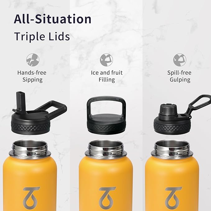 Trebo 40oz Water Bottle with 3 Lid and handle, Vacuum Insulated Stainless Steel Metal Outdoor Leakproof BPA-Free Flask, Keep Cold 48 Hours Water Jug, Best Gift for Men Women Holiday, Orange