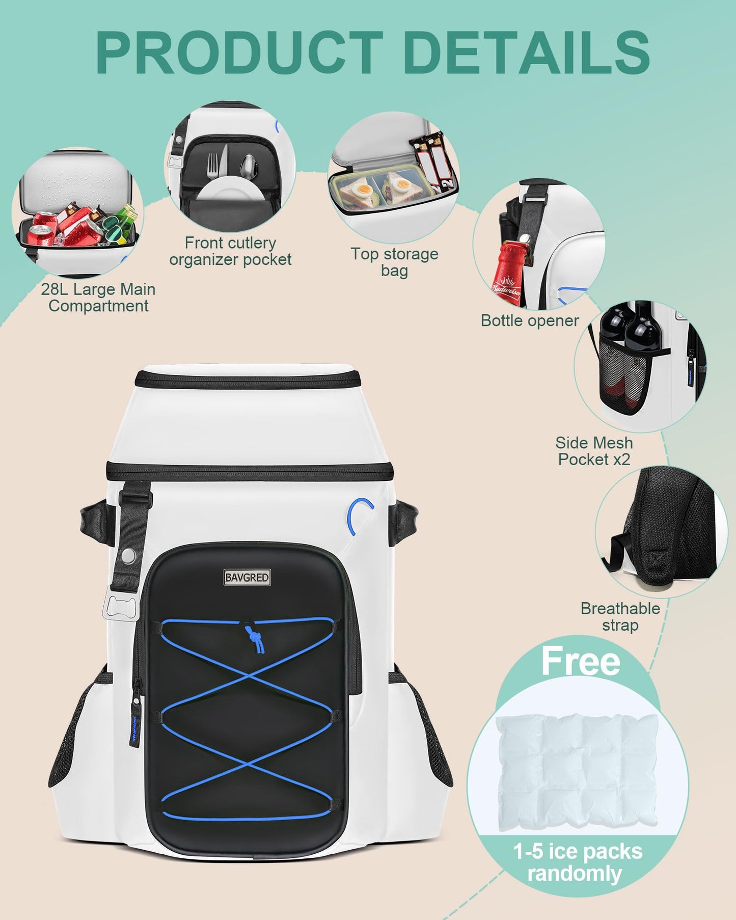 BAVGRED Cooler Backpack Insulated Leak Proof 30 Cans for Men Women,Waterproof Soft Cooler Bag，Lightweight Ice Chest Lunch Backpack for Beach Camping Picnic Travel Worksite Fishing