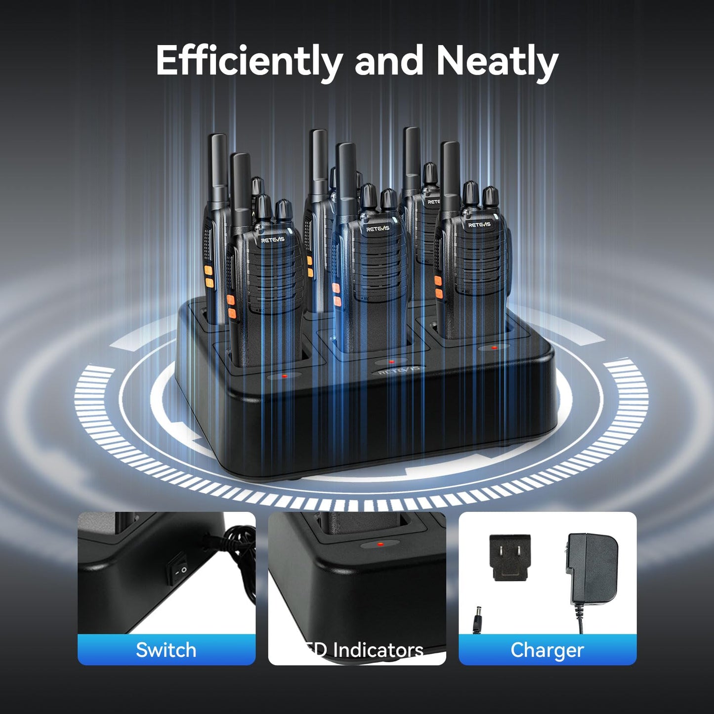Case of 6,Retevis H-777 Walkie Talkies for Adults Long Range, Rechargeable Two-Way Radios,with 6-Way Multi Unit Charger,Flashlight Handheld Business 2 Way Radios